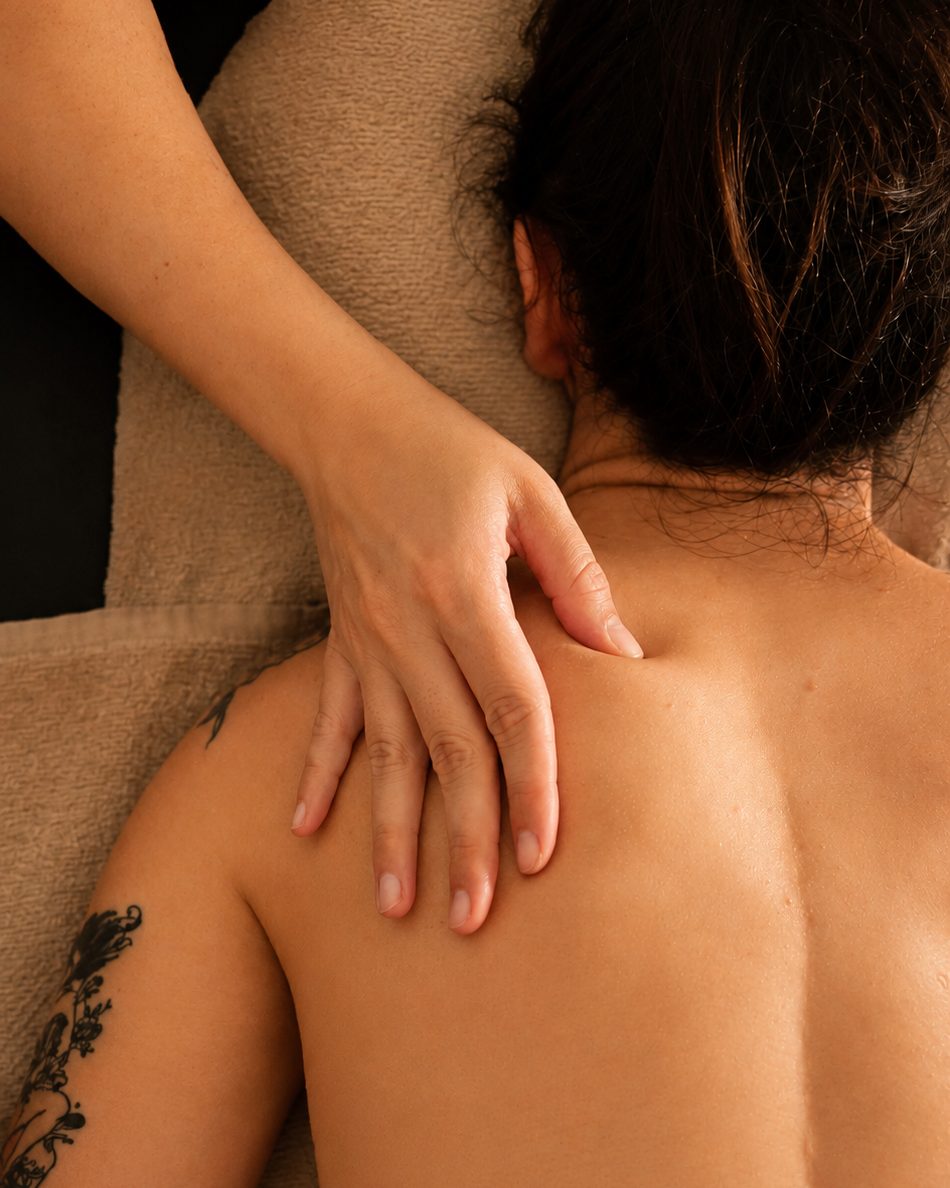 A therapist's hand easing tension from a client's shoulder during a massage at Seeking Stillness